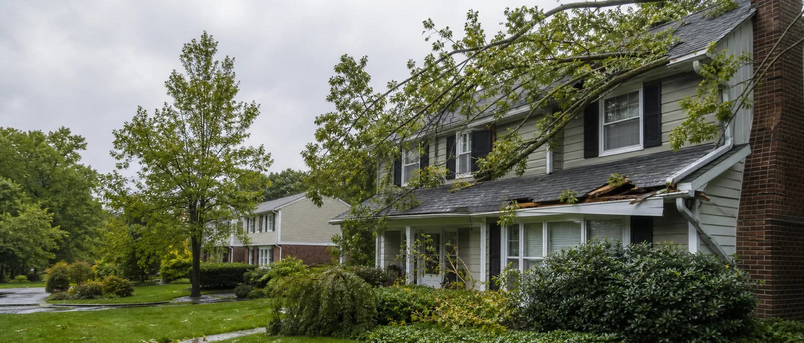 Storm damage from a fallen tree limb on a suburban New Jersey-style home